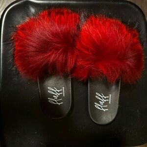 Fluffy red raccoon slides pre owed in excellent condition